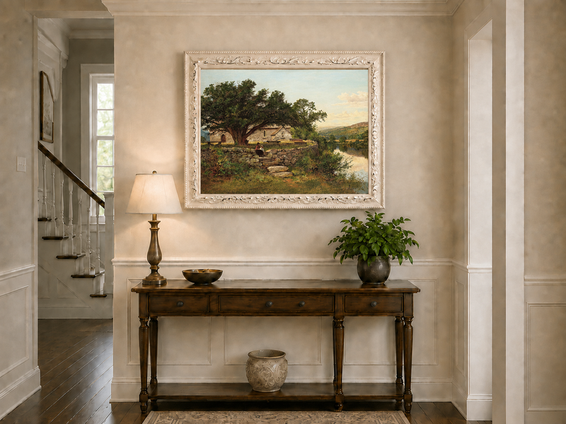 Peinture à l'huile de paysage - Maison en pierre rurale et vieil arbre, lac
