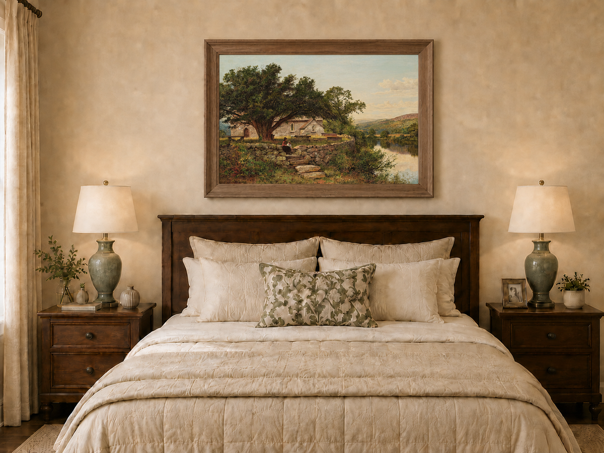 Peinture à l'huile de paysage - Maison en pierre rurale et vieil arbre, lac