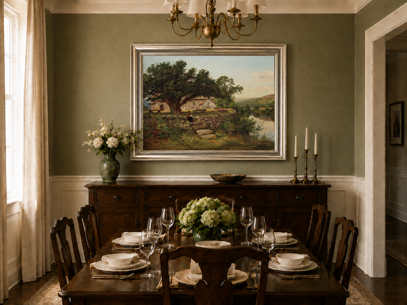 Peinture à l'huile de paysage - Maison en pierre rurale et vieil arbre, lac