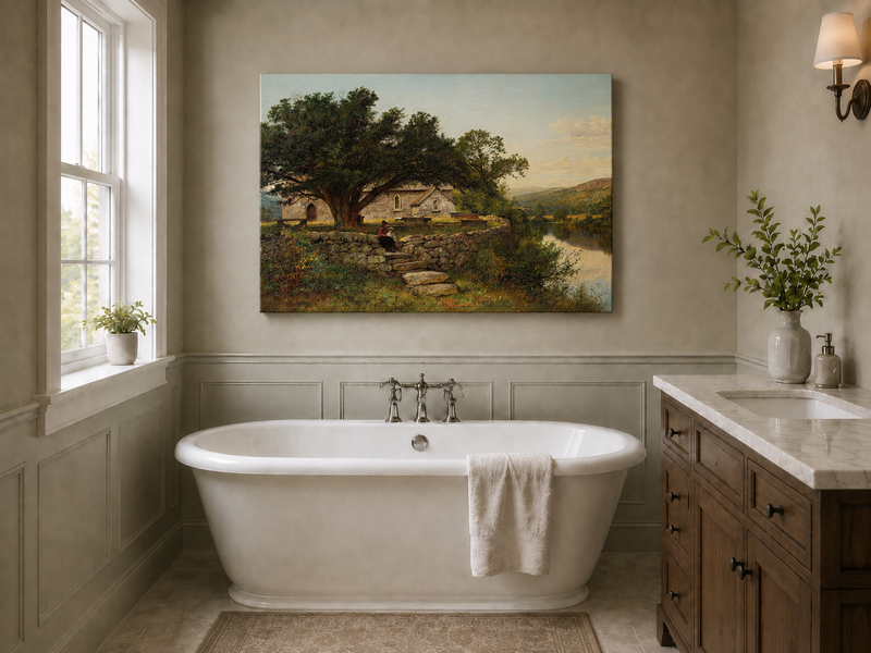 Peinture à l'huile de paysage - Maison en pierre rurale et vieil arbre, lac