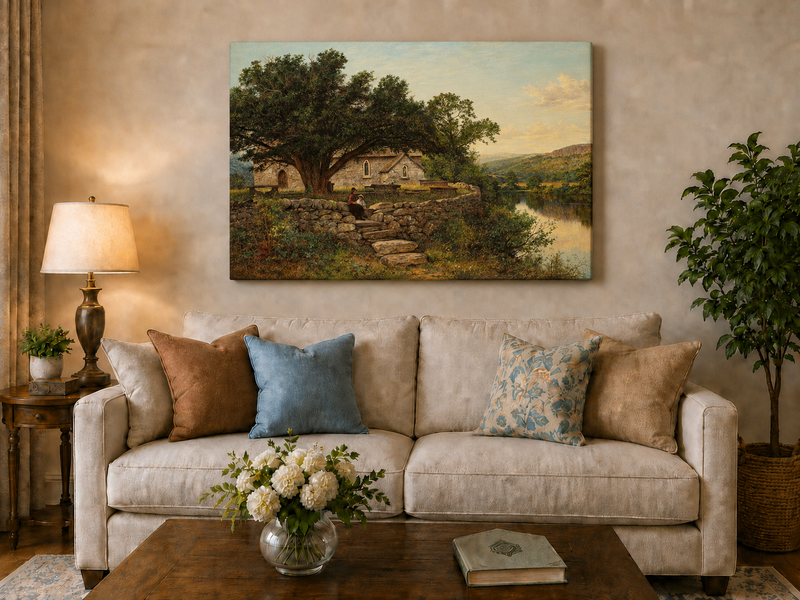 Peinture à l'huile de paysage - Maison en pierre rurale et vieil arbre, lac
