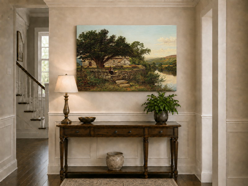 Peinture à l'huile de paysage - Maison en pierre rurale et vieil arbre, lac