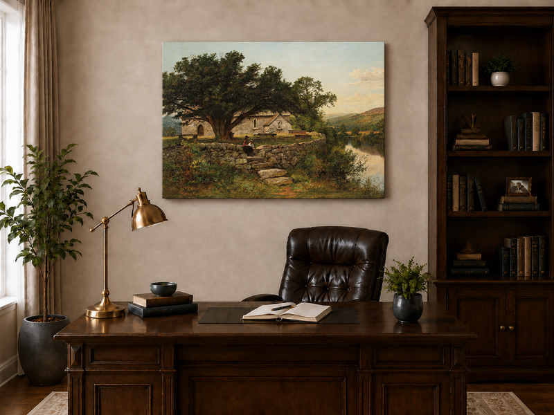 Peinture à l'huile de paysage - Maison en pierre rurale et vieil arbre, lac