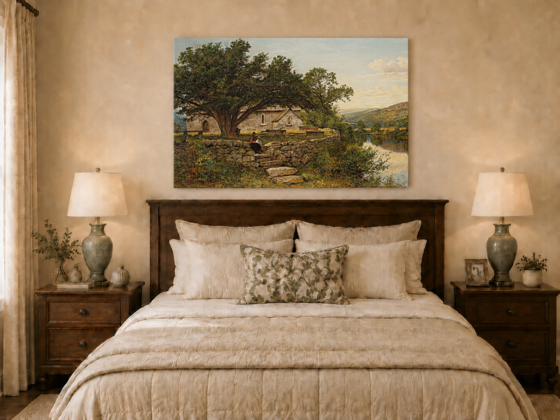 Peinture à l'huile de paysage - Maison en pierre rurale et vieil arbre, lac