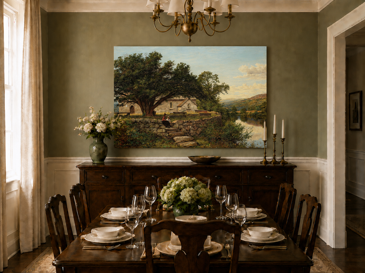 Peinture à l'huile de paysage - Maison en pierre rurale et vieil arbre, lac