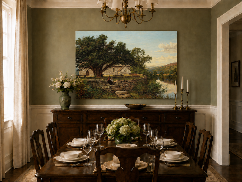 Peinture à l'huile de paysage - Maison en pierre rurale et vieil arbre, lac