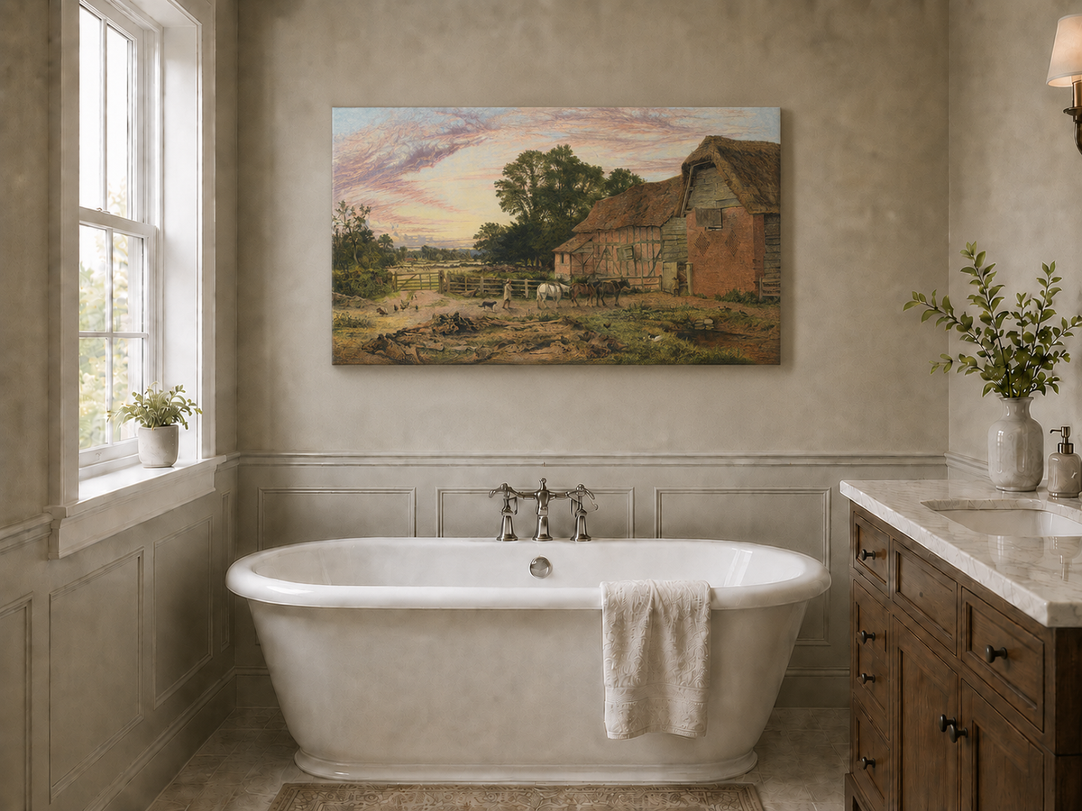 Landscape Oil Painting - Rural Dusk, Poultry & Country Buildings