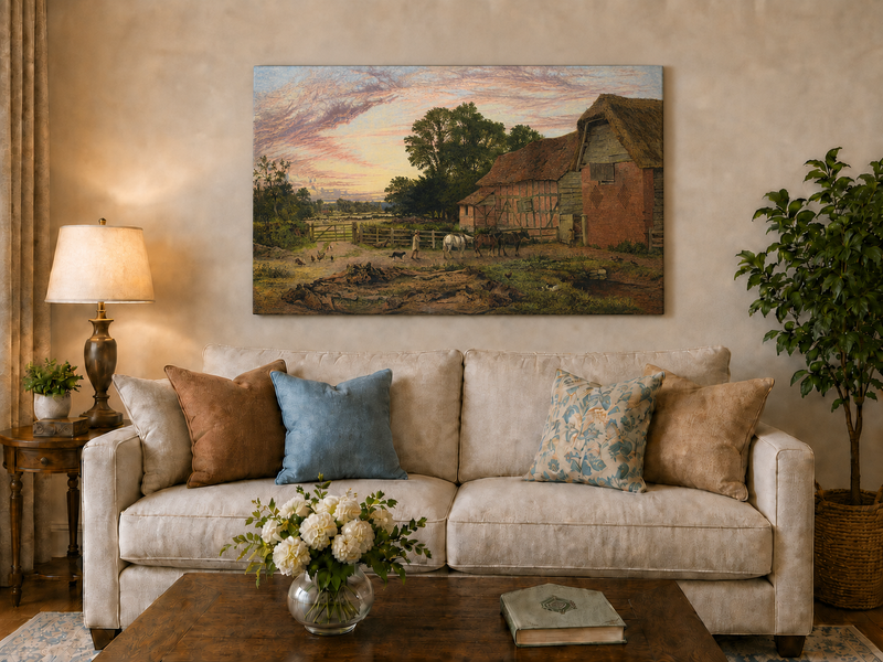 Landscape Oil Painting - Rural Dusk, Poultry & Country Buildings
