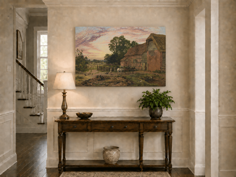 Landscape Oil Painting - Rural Dusk, Poultry & Country Buildings