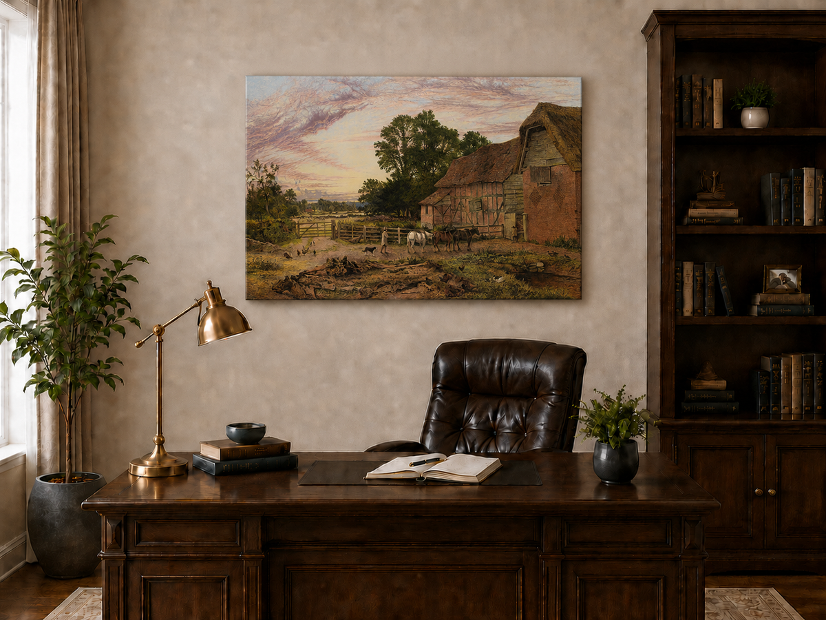 Landscape Oil Painting - Rural Dusk, Poultry & Country Buildings