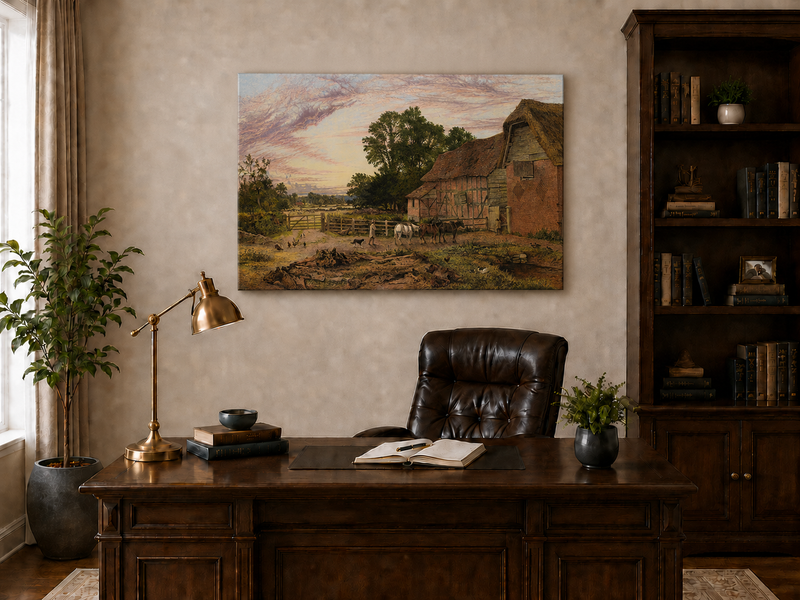 Landscape Oil Painting - Rural Dusk, Poultry & Country Buildings
