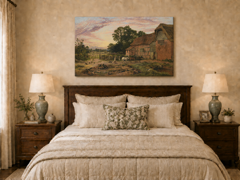 Landscape Oil Painting - Rural Dusk, Poultry & Country Buildings