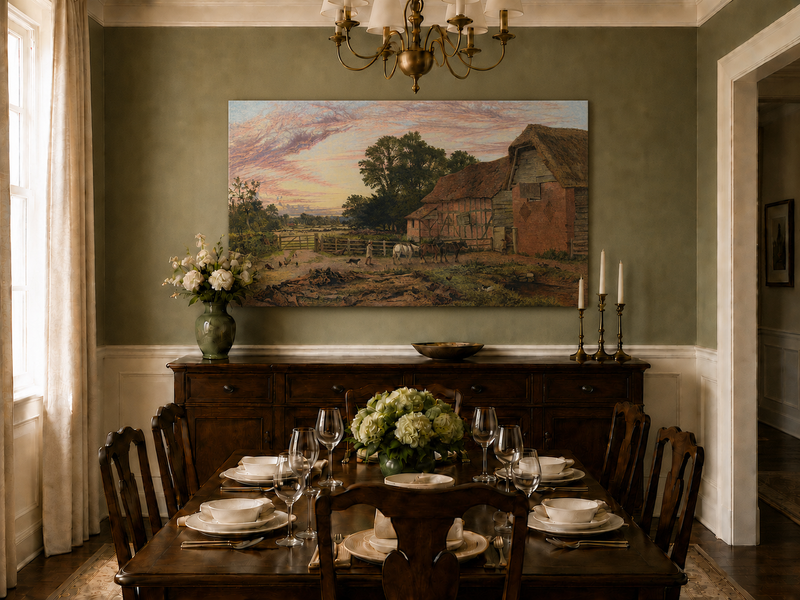 Landscape Oil Painting - Rural Dusk, Poultry & Country Buildings