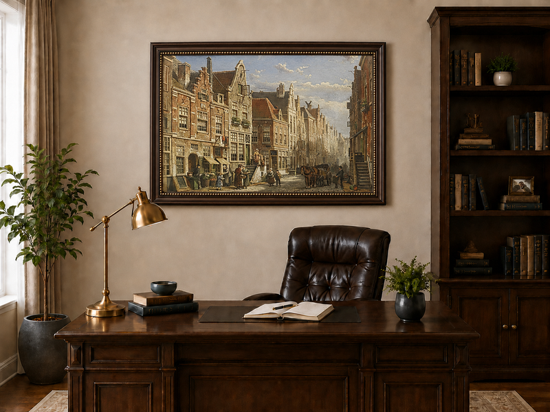 Ölgemälde Landschaft - Alter europäischer Straßenmarkt, Reihenhäuser