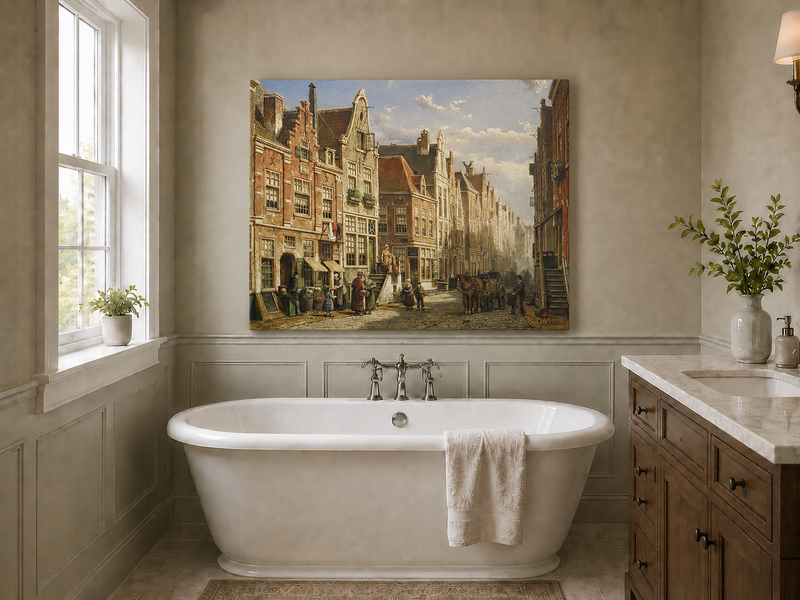 Peinture à l'huile de paysage - Église de ville sur un canal européen