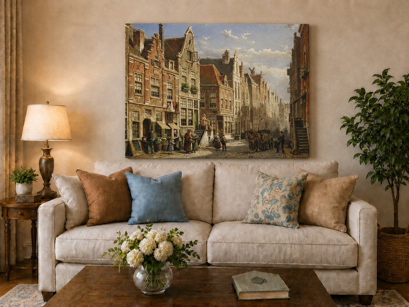 Peinture à l'huile de paysage - Église de ville sur un canal européen