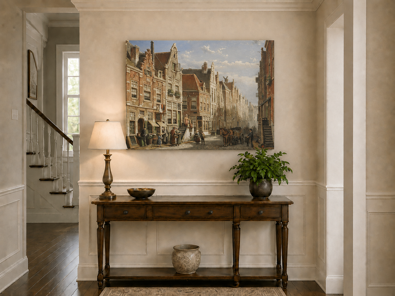 Peinture à l'huile de paysage - Église de ville sur un canal européen