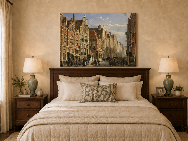 Peinture à l'huile de paysage - Église de ville sur un canal européen