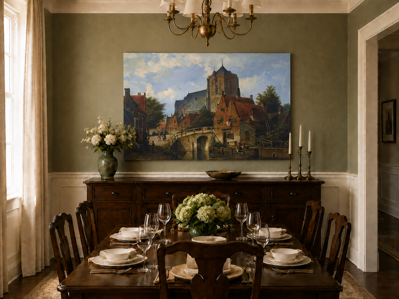 Peinture à l'huile de paysage - Église de ville sur un canal européen