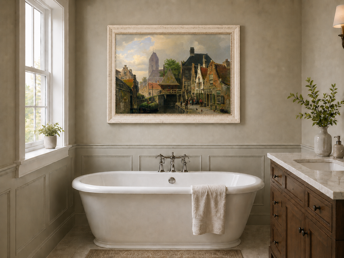 Landscape Oil Painting - Dutch Canal Town with Historic Buildings