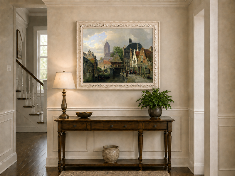 Landscape Oil Painting - Dutch Canal Town with Historic Buildings