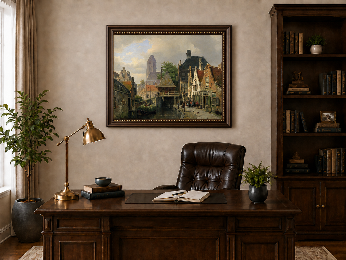Landscape Oil Painting - Dutch Canal Town with Historic Buildings