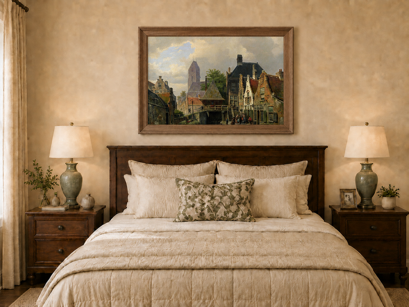 Landscape Oil Painting - Dutch Canal Town with Historic Buildings