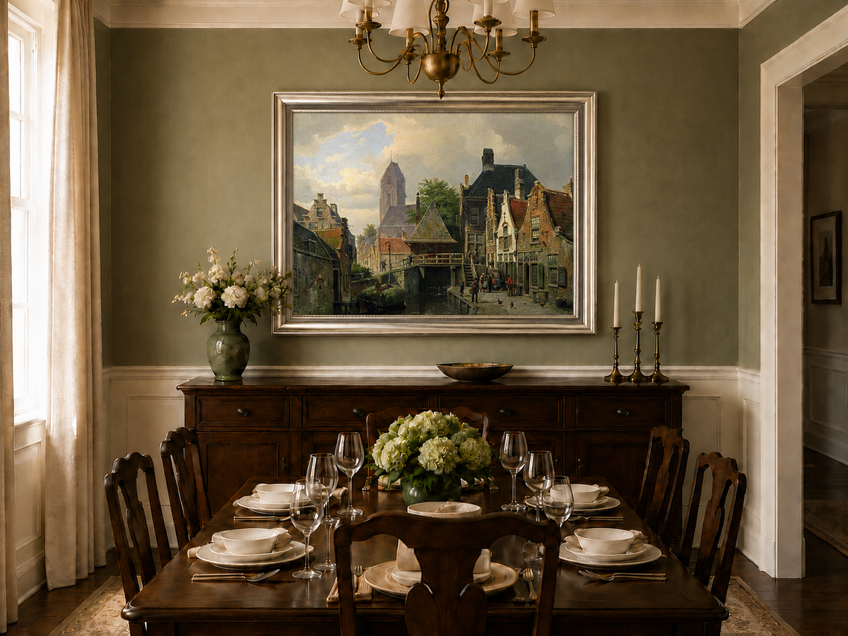 Landscape Oil Painting - Dutch Canal Town with Historic Buildings