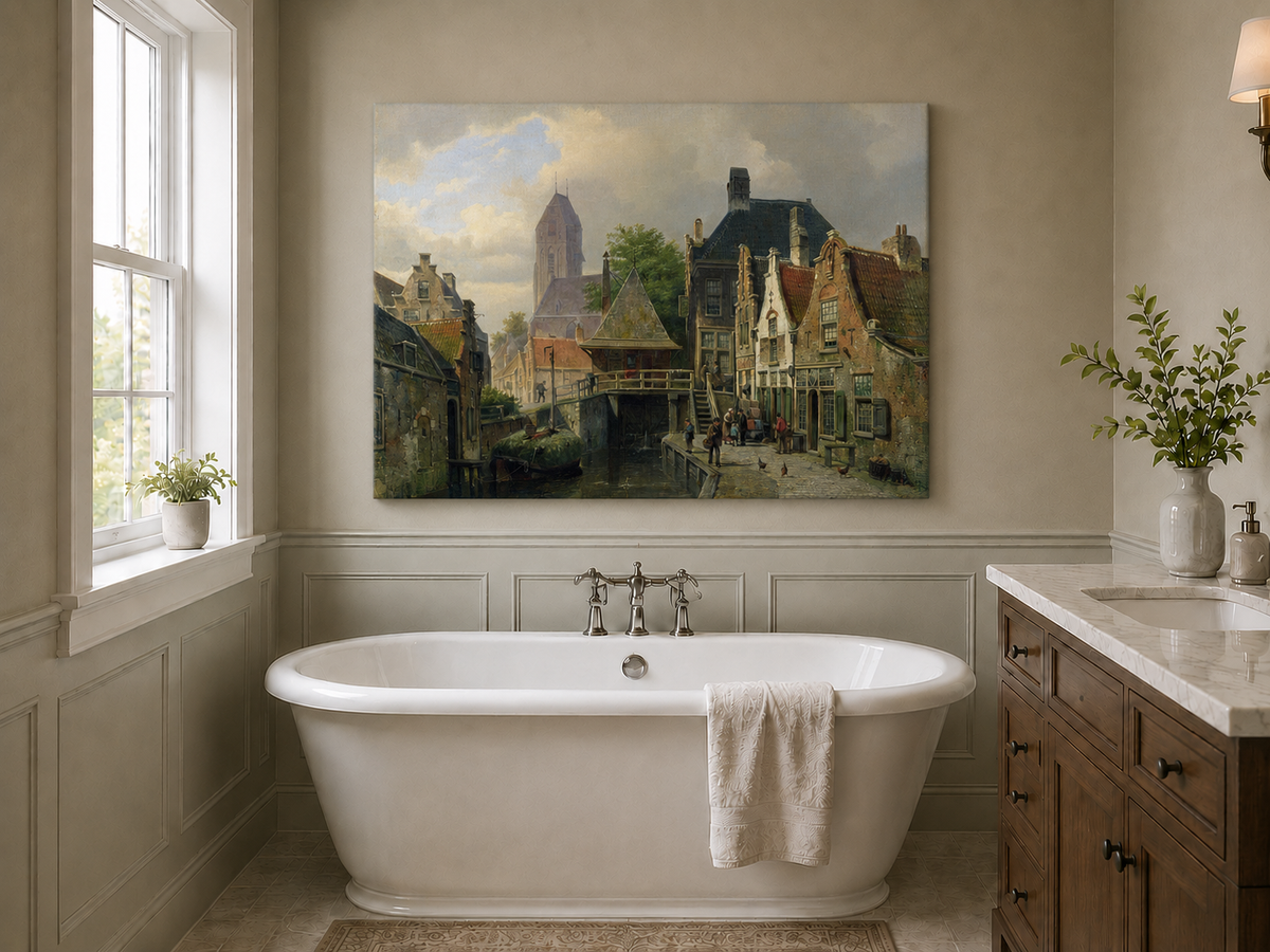 Landscape Oil Painting - Dutch Canal Town with Historic Buildings