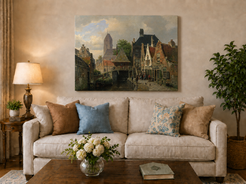 Landscape Oil Painting - Dutch Canal Town with Historic Buildings