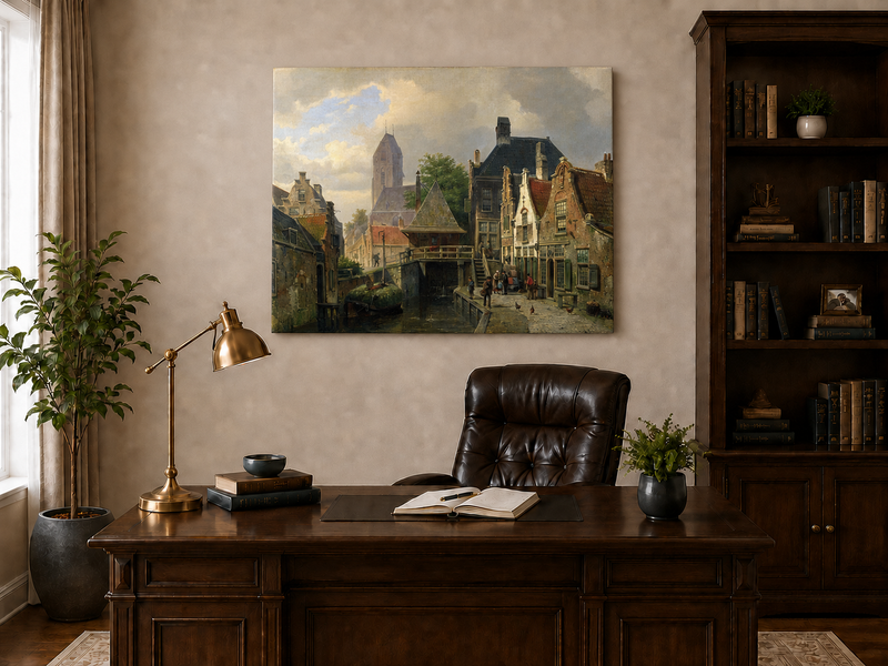 Landscape Oil Painting - Dutch Canal Town with Historic Buildings