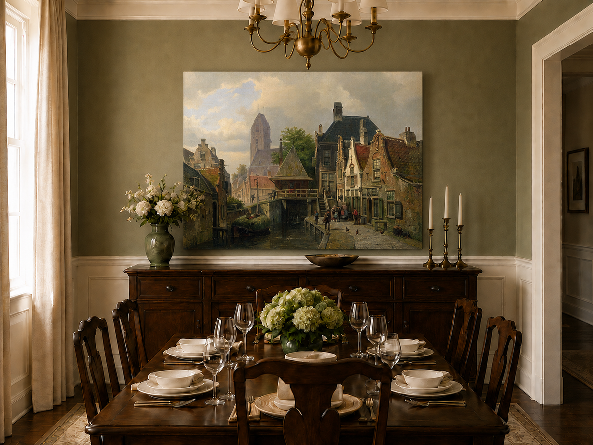 Landscape Oil Painting - Dutch Canal Town with Historic Buildings