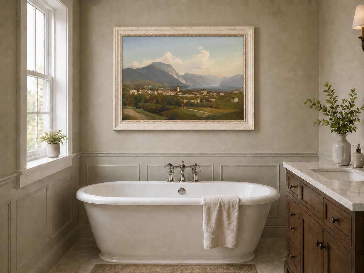 Landscape Oil Painting - European Lakeside Town