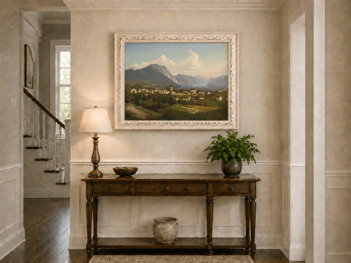 Landscape Oil Painting - European Lakeside Town