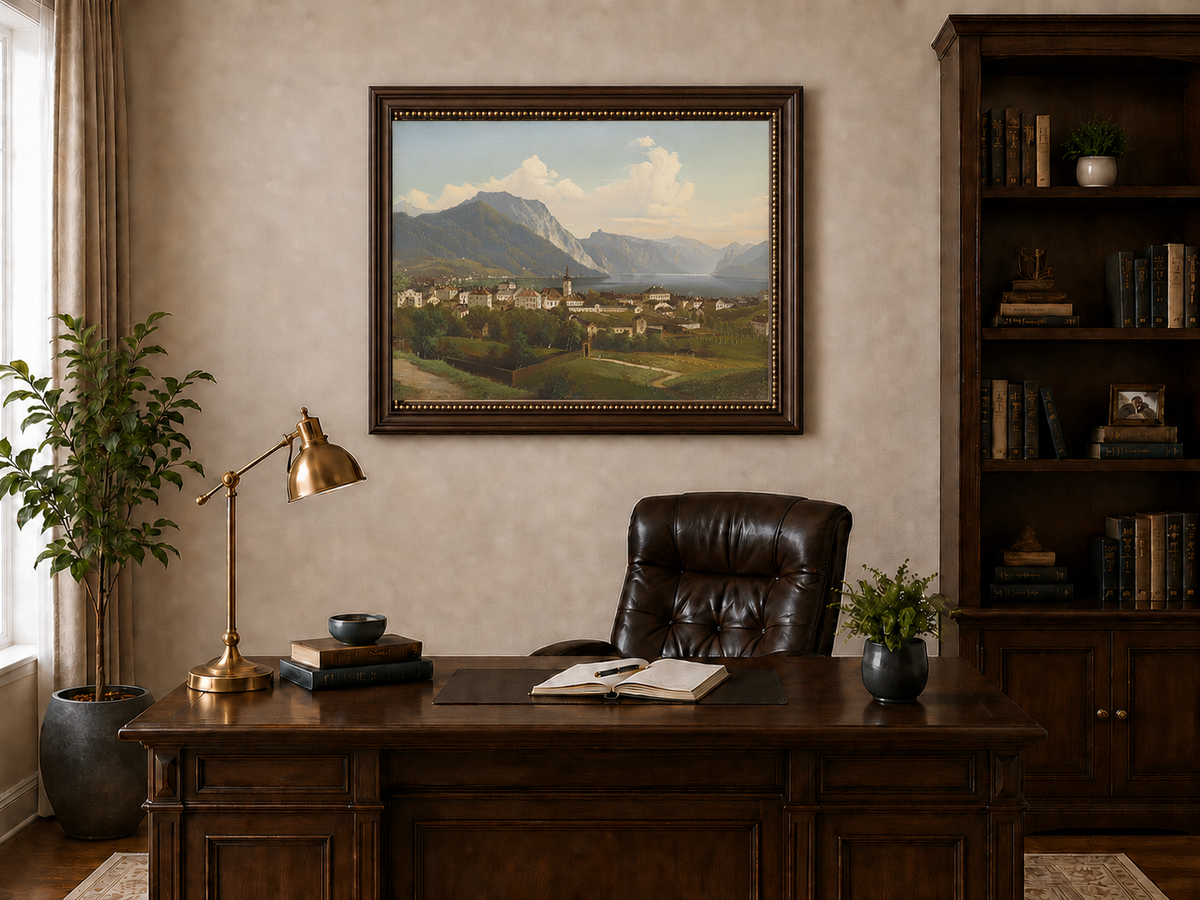 Landscape Oil Painting - European Lakeside Town