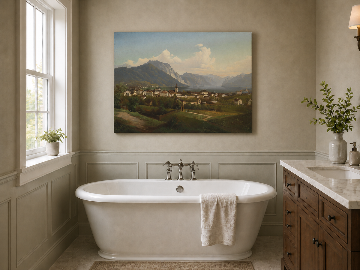 Landscape Oil Painting - European Lakeside Town