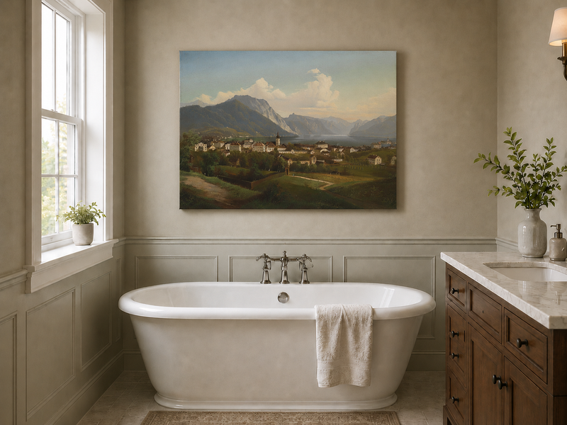 Landscape Oil Painting - European Lakeside Town