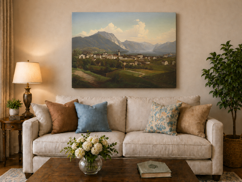 Landscape Oil Painting - European Lakeside Town