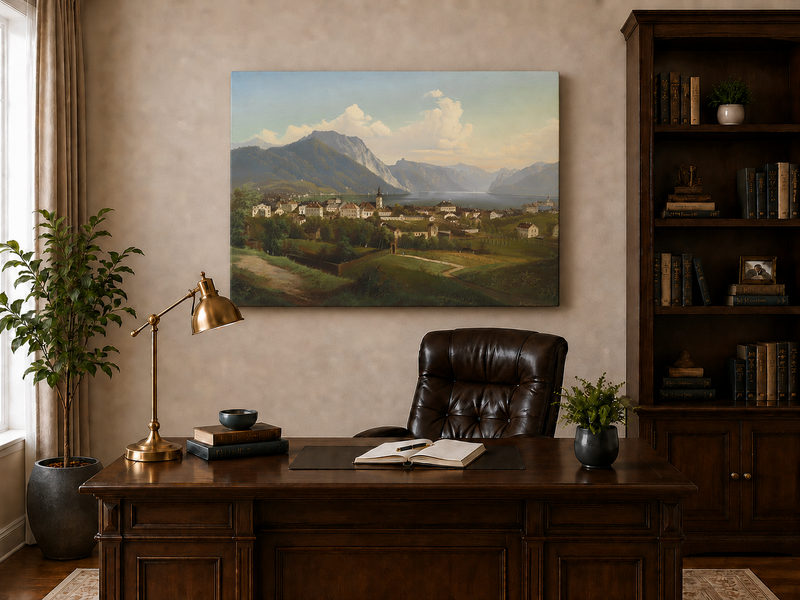 Landscape Oil Painting - European Lakeside Town