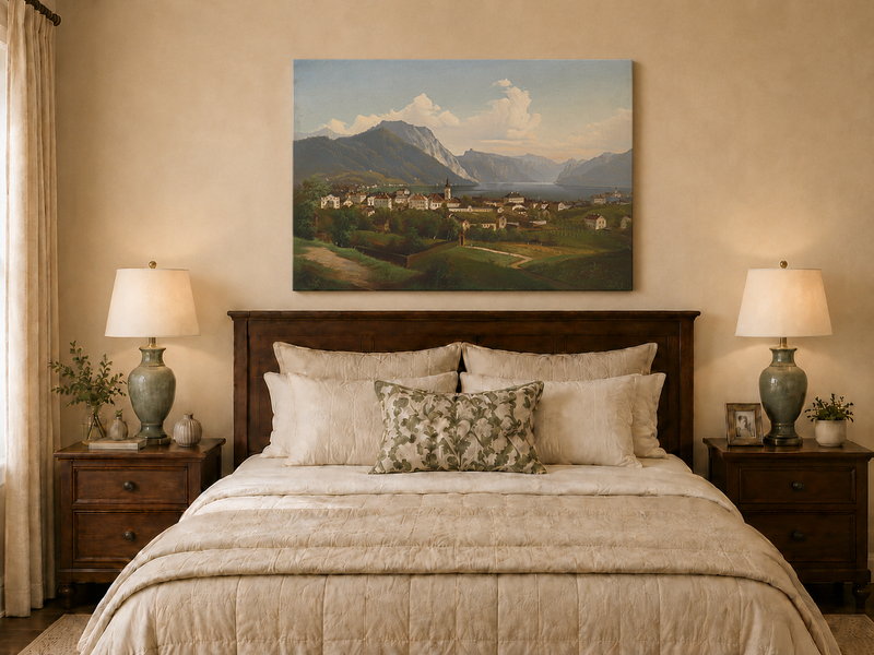 Landscape Oil Painting - European Lakeside Town