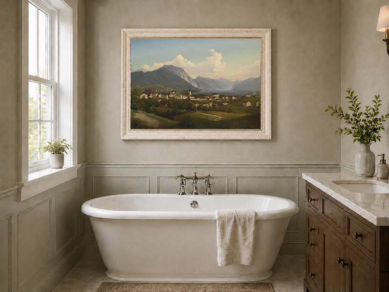 Peinture à l'huile de paysage - Ville et montagne au bord du lac