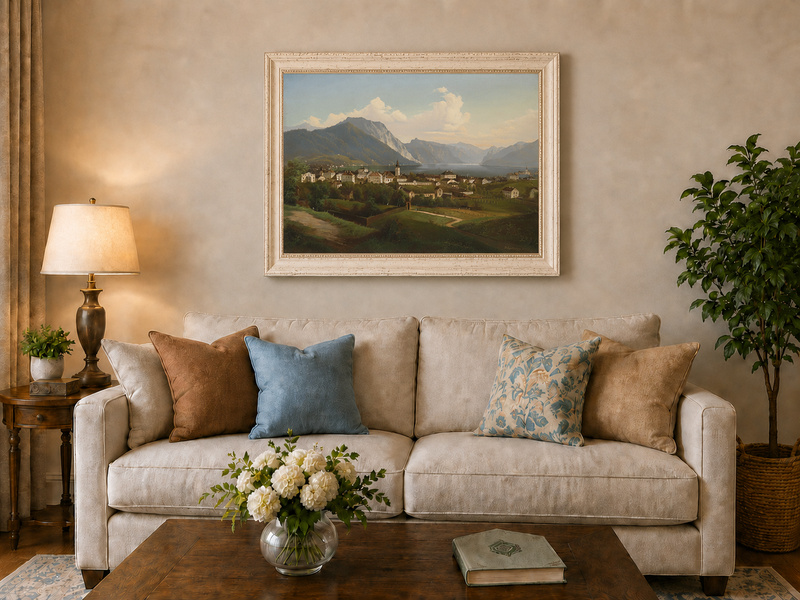 Peinture à l'huile de paysage - Ville et montagne au bord du lac