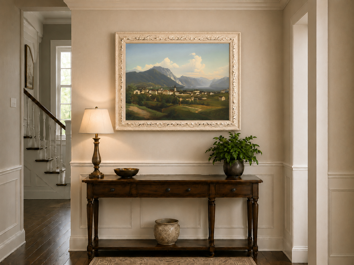 Peinture à l'huile de paysage - Ville et montagne au bord du lac