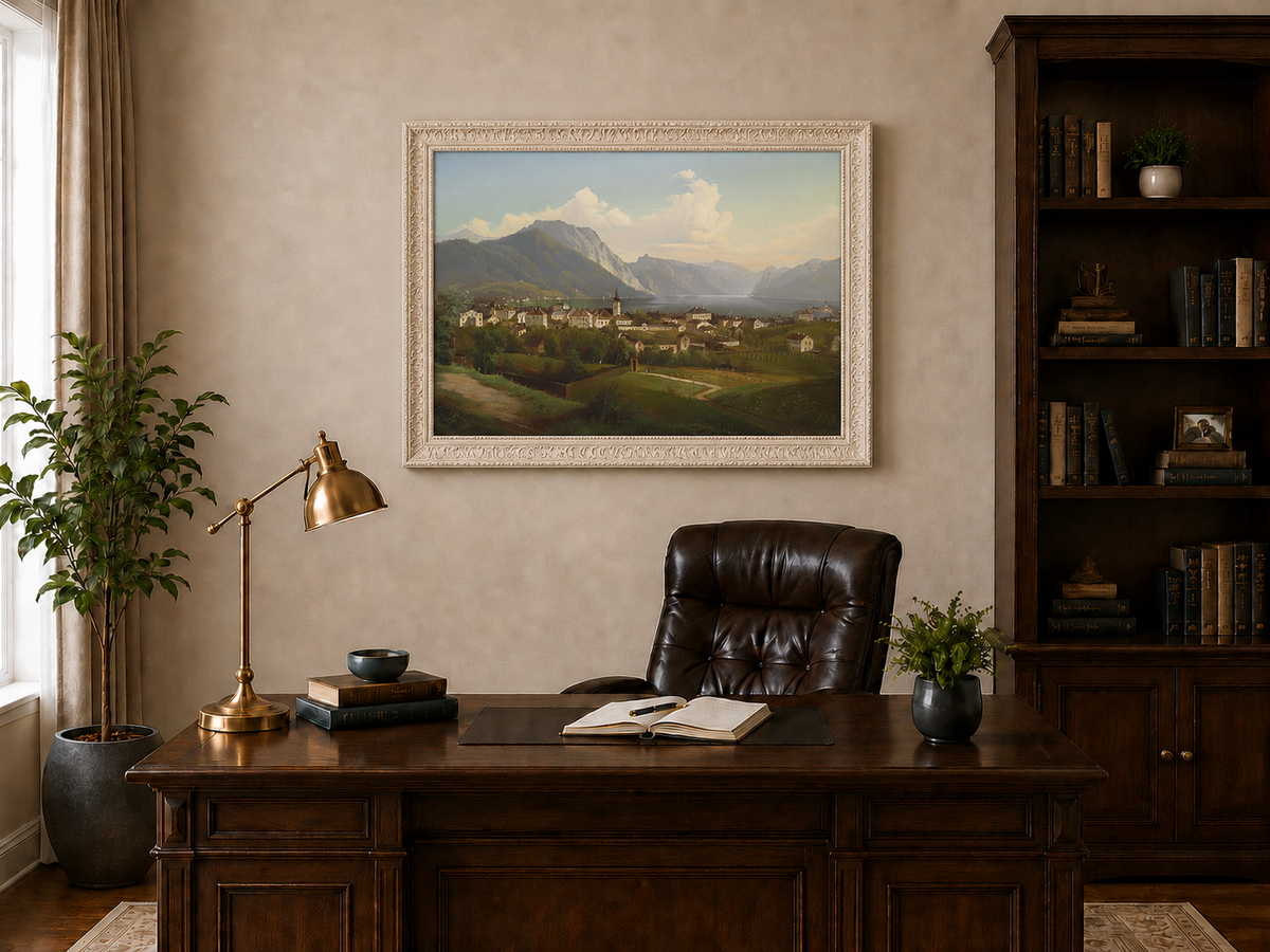 Peinture à l'huile de paysage - Ville et montagne au bord du lac
