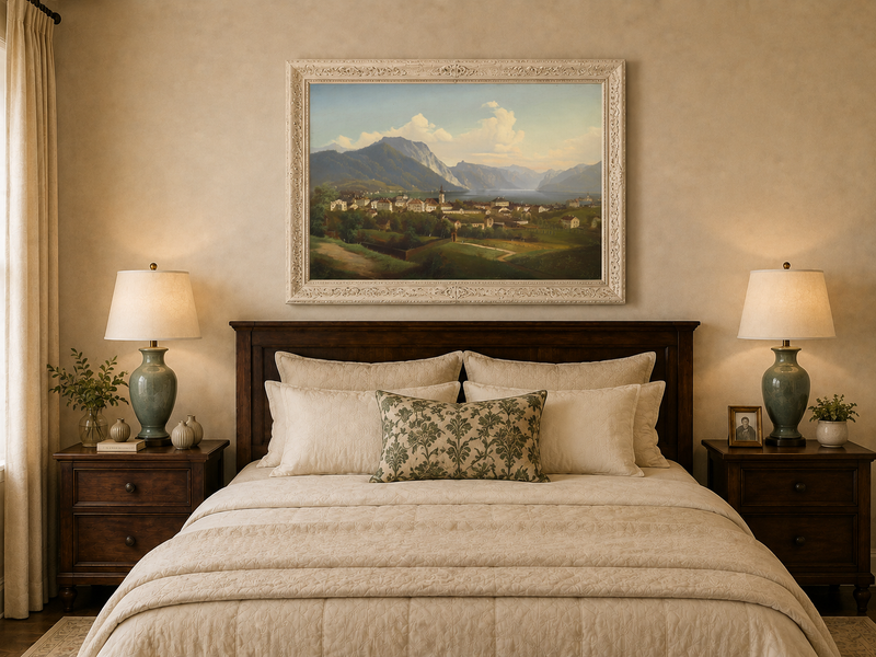 Peinture à l'huile de paysage - Ville et montagne au bord du lac