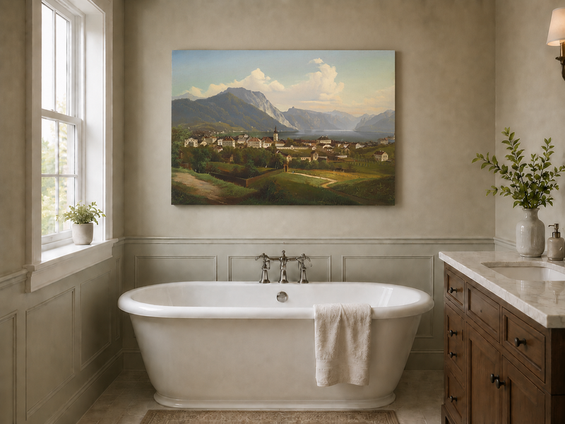 Peinture à l'huile de paysage - Ville et montagne au bord du lac
