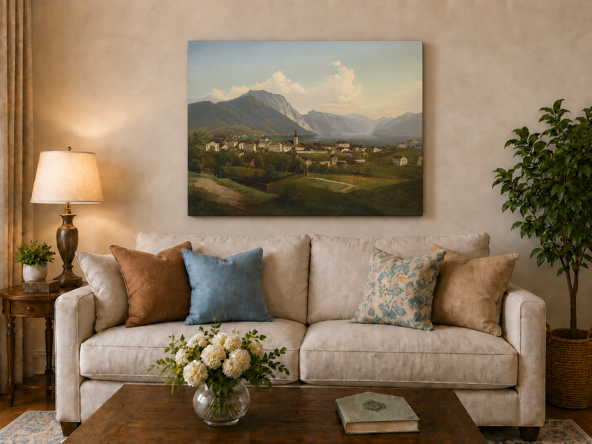 Peinture à l'huile de paysage - Ville et montagne au bord du lac