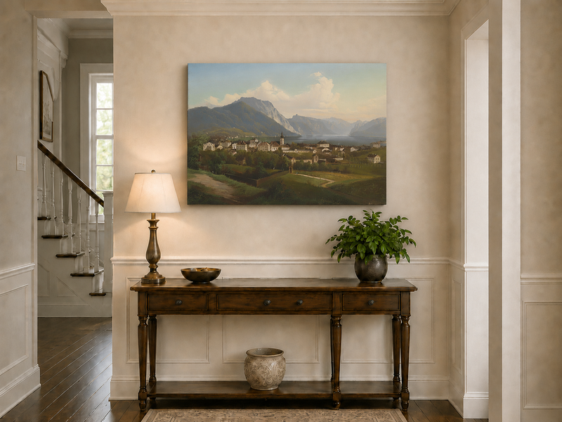 Peinture à l'huile de paysage - Ville et montagne au bord du lac