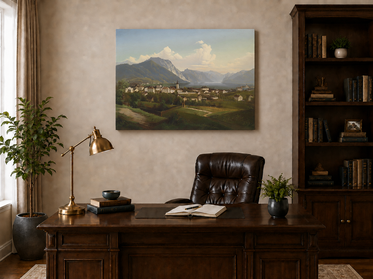 Peinture à l'huile de paysage - Ville et montagne au bord du lac