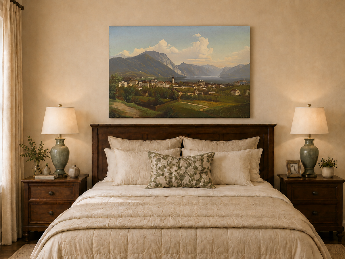 Peinture à l'huile de paysage - Ville et montagne au bord du lac